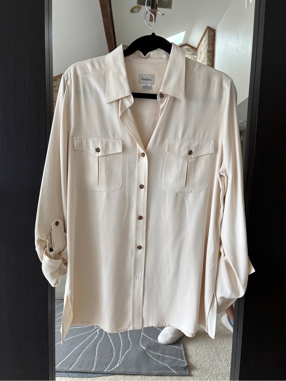 Neiman Marcus 100% Silk Campaign Blouse Womens Button Front Safari Shirt L